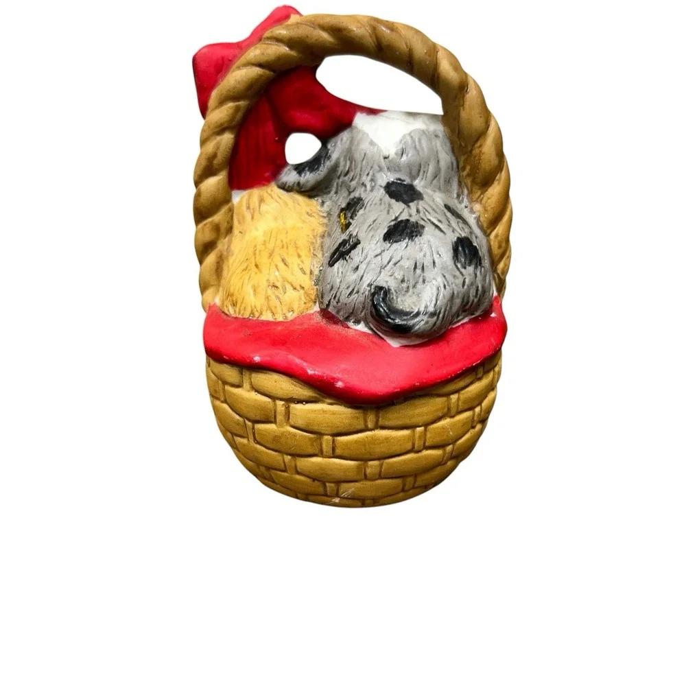 VTG 1985 Giftco Dog Basket‎ Bell Figurine Cute Puppies Red Bow Christmas Holiday